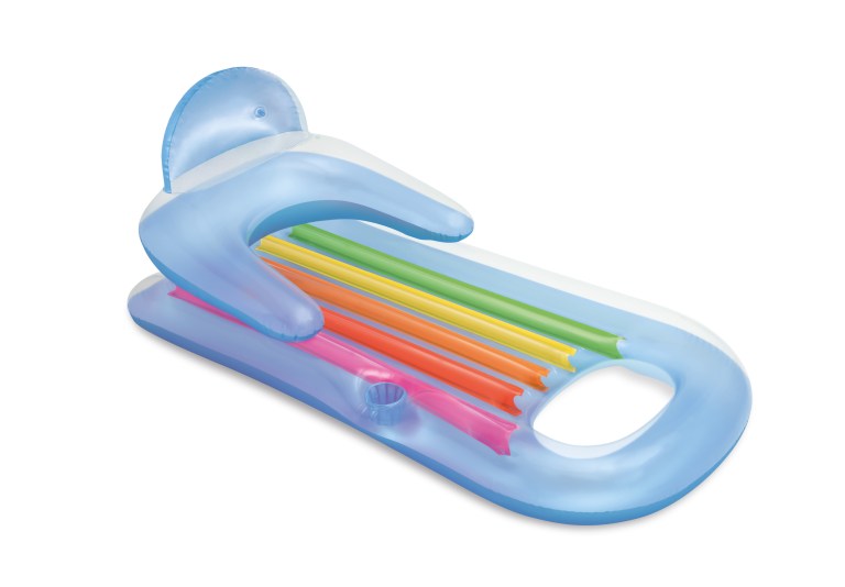Blue inflatable pool lounge with rainbow stripes
