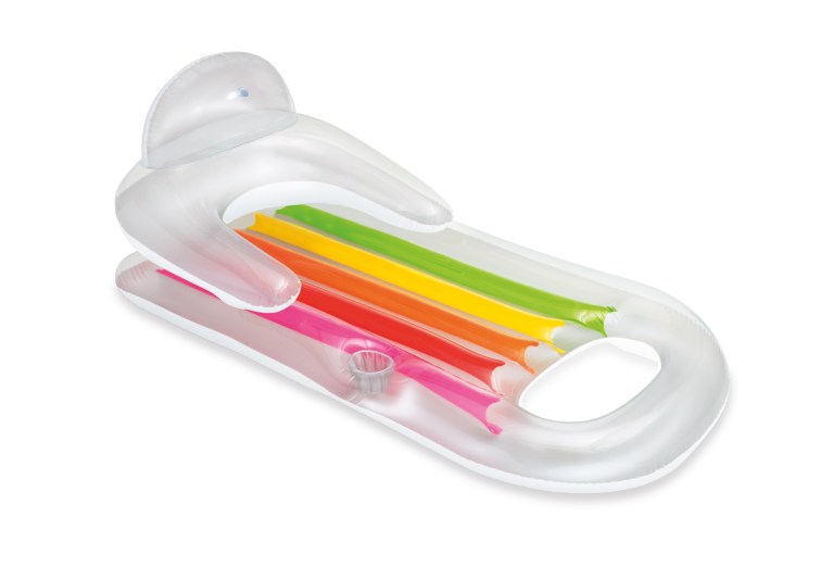 Transparent inflatable pool lounge with rainbow stripes