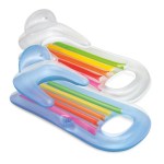 Inflatable dolphin pool loungers with rainbow stripes