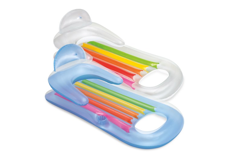 Inflatable dolphin pool loungers with rainbow stripes