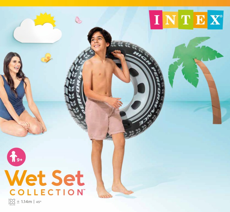 intex monster truck tube 56268 Boy carrying large inflatable tyre swim ring