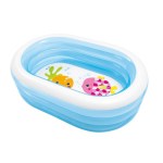 Blue inflatable baby pool with cartoon fish design