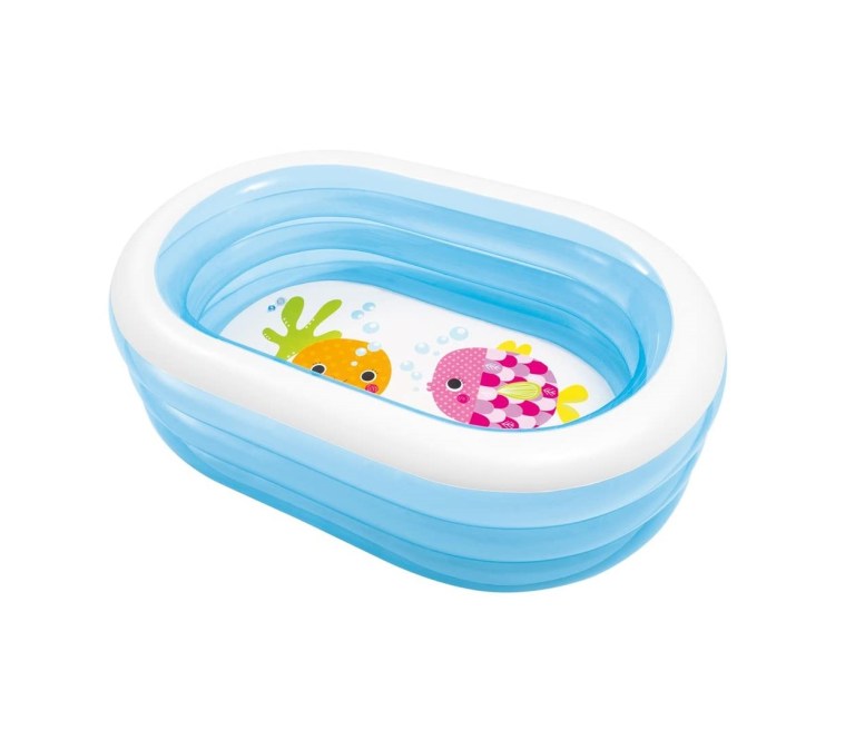 Blue inflatable baby pool with cartoon fish design