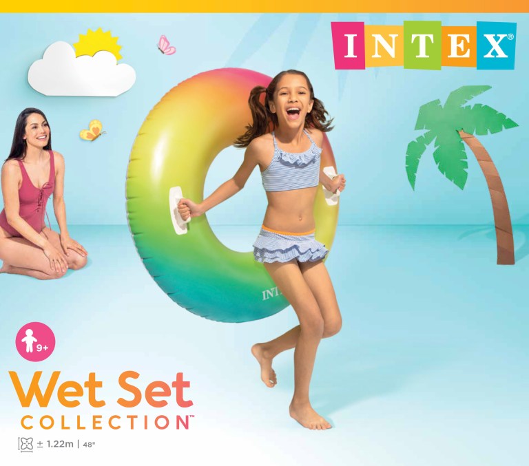 intex rainbow ombre tube pool float 58202 Girl holding colourful inflatable swim ring pool float