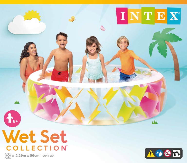 Children splashing in colourful inflatable backyard pool