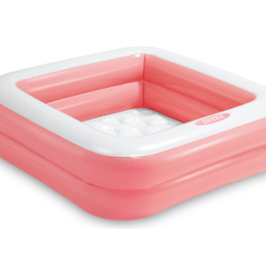 Pink and white inflatable square paddling pool