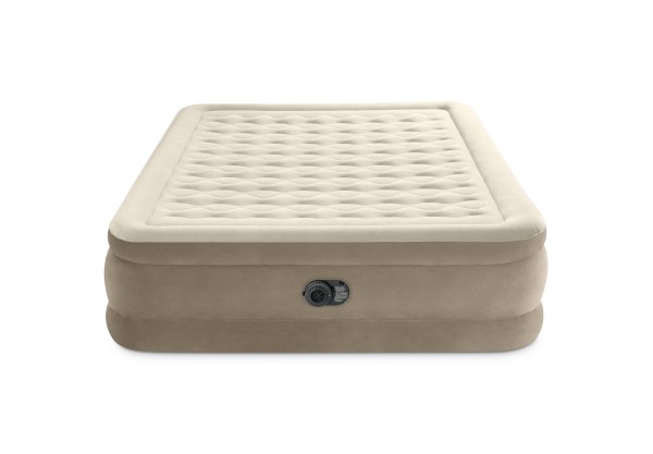 Beige inflatable air mattress with built-in pump