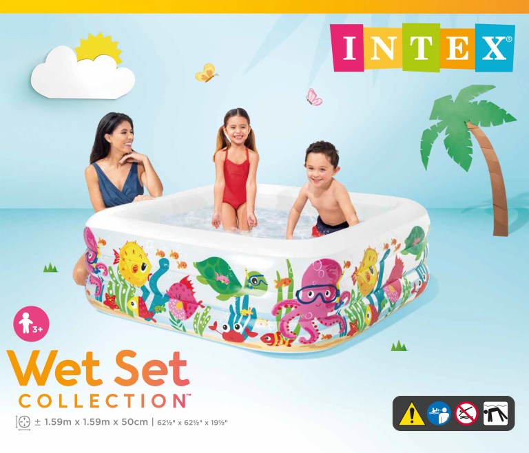 Children playing in colourful inflatable backyard pool