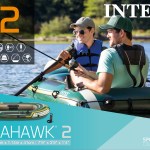 Two men fishing in inflatable boat on lake
