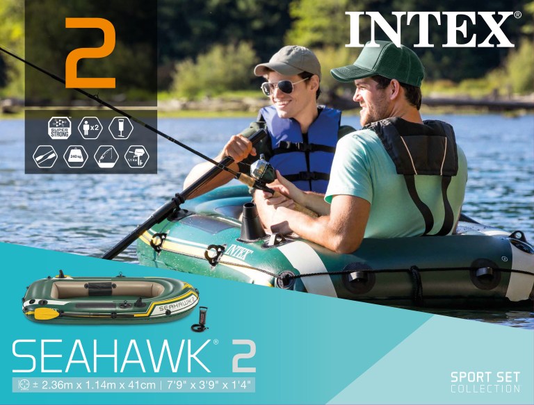 Two men fishing in inflatable boat on lake