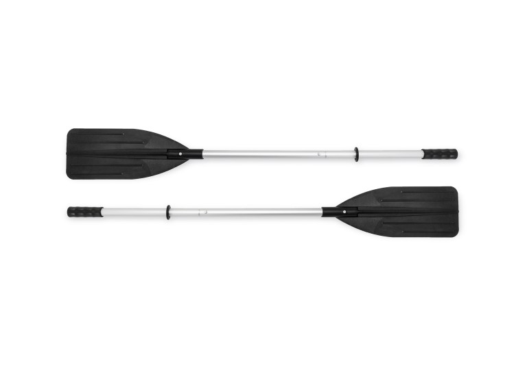 intex seahawk 4 boat set 68351 Two black kayak paddles on white background