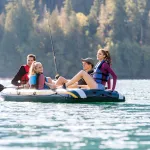 intex seahawk 4 boat set 68351 Friends fishing on inflatable raft in forest lake