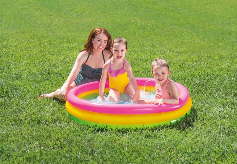 intex sunset glow inflatable kiddie pool 113 x 25cm 57412 Mother and children in backyard inflatable pool