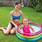 intex rainbow baby pool 57104 Mother and toddler in backyard inflatable pool