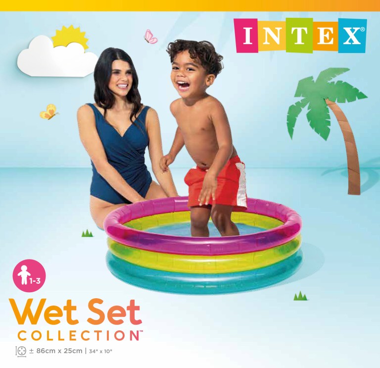 intex rainbow baby pool 57104 Mother and toddler in colourful inflatable pool