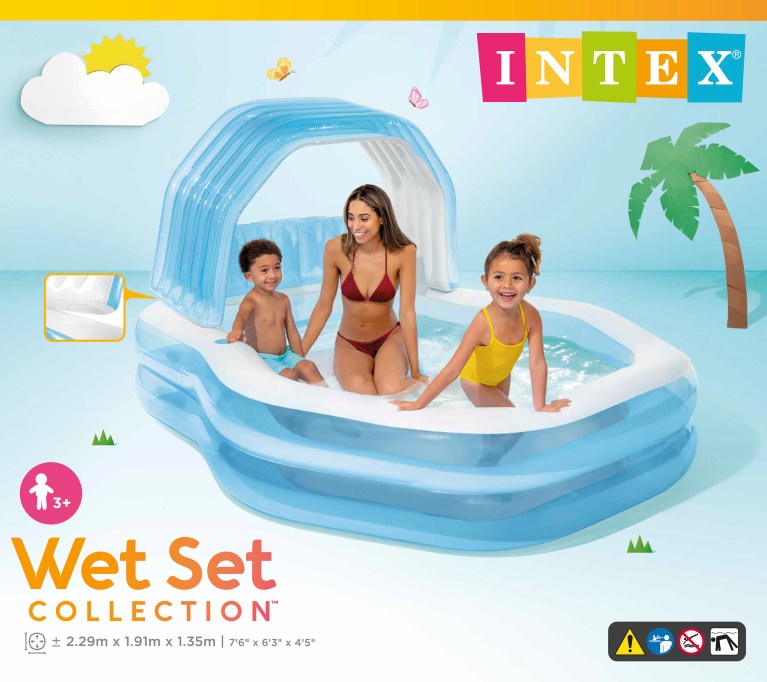 intex sun shade swim center family inflatable pool 57186 Family enjoying Intex inflatable pool with canopy
