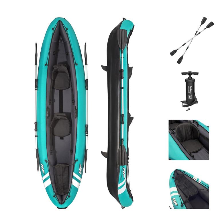 Inflatable two-person kayak with paddles and pump