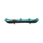 Teal and black inflatable kayak with paddles