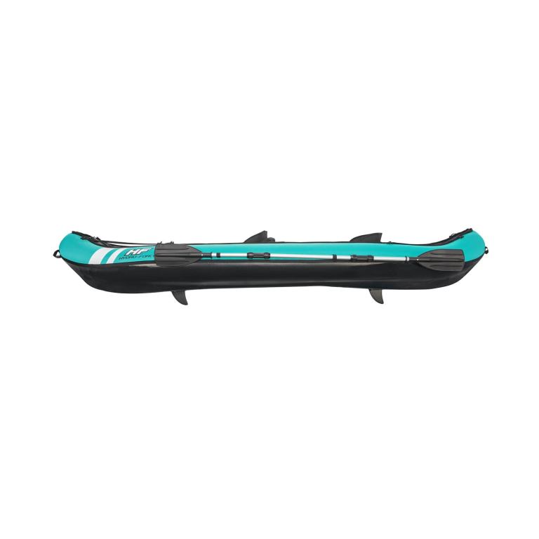 Teal and black inflatable kayak with paddles