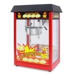 Red commercial popcorn machine with glass panels