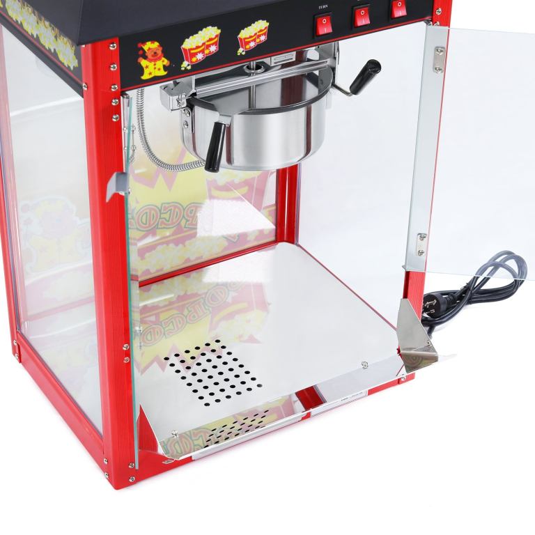 Red commercial popcorn machine with stainless steel kettle