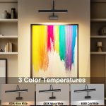 picture frame light with remote, wireless 16 inch black art light, battery operated picture light with 3 cct, dimmable and timer wall picture lights for painting, wall, gallery, artwork, frame Wall-mounted picture light above colourful abstract artwork