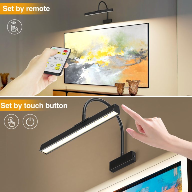 picture frame light with remote, wireless 16 inch black art light, battery operated picture light with 3 cct, dimmable and timer wall picture lights for painting, wall, gallery, artwork, frame Wall-mounted picture light with remote and touch control