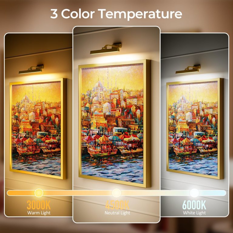 picture lights for wall, battery operated picture light 16in gallery light for paintings cct dimmable gold Painting under three colour temperature lighting options