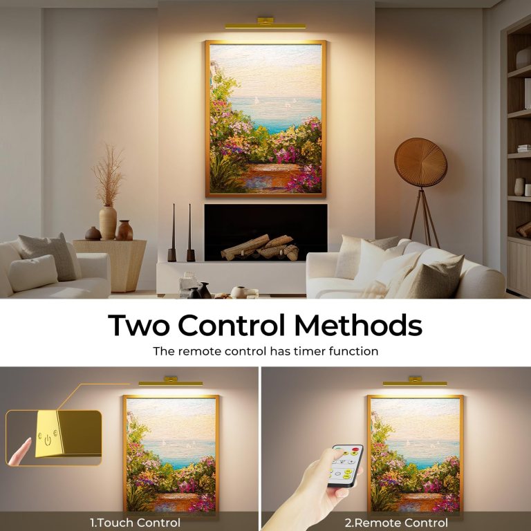 picture lights for wall, battery operated picture light 16in gallery light for paintings cct dimmable gold Framed seaside painting with touch and remote light control