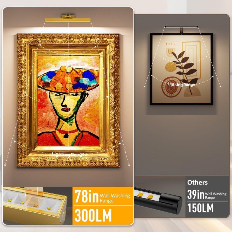 picture lights for wall, battery operated picture light 16in gallery light for paintings cct dimmable gold Picture lights comparison showing wall washing range