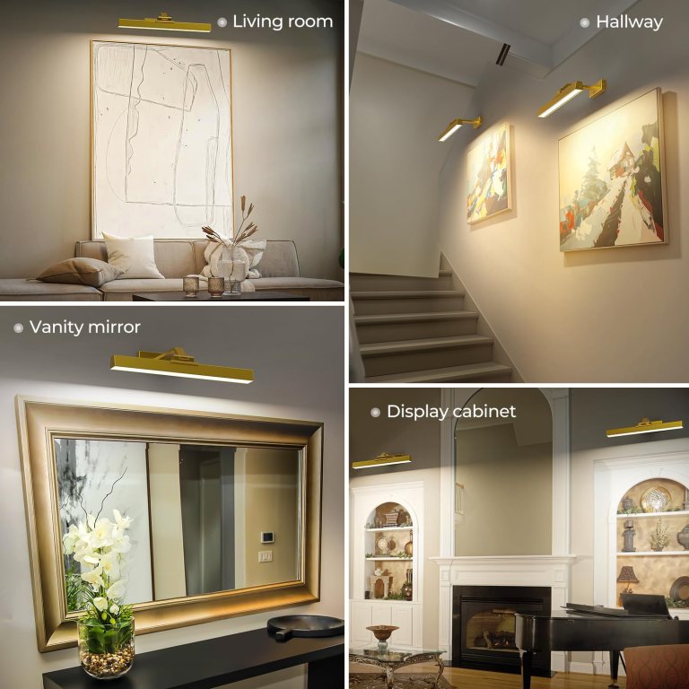 picture lights for wall, battery operated picture light 16in gallery light for paintings cct dimmable gold Gold picture lights illuminating artworks in stylish interiors