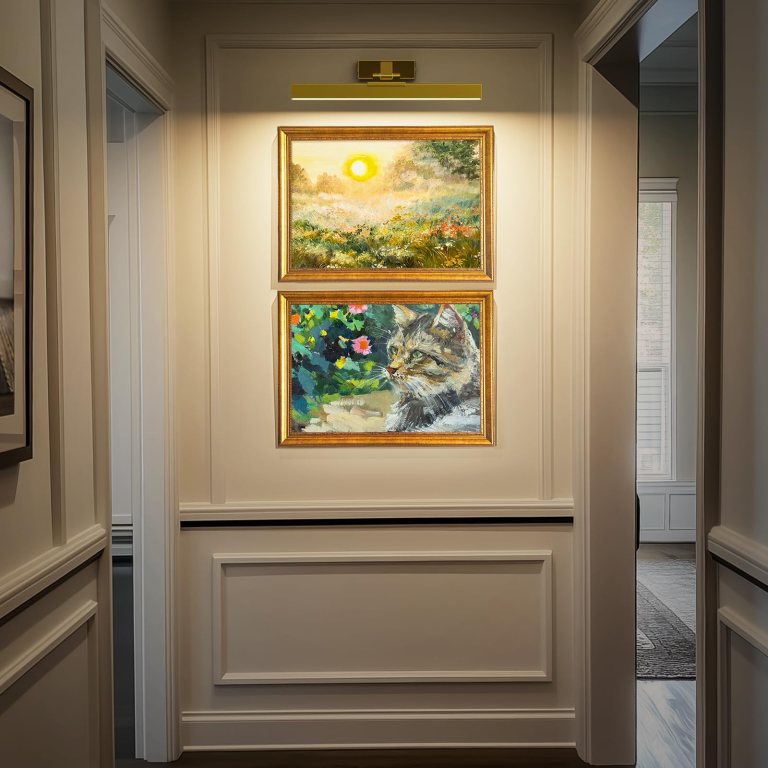 picture lights for wall, battery operated picture light 16in gallery light for paintings cct dimmable gold Two framed paintings in elegant hallway