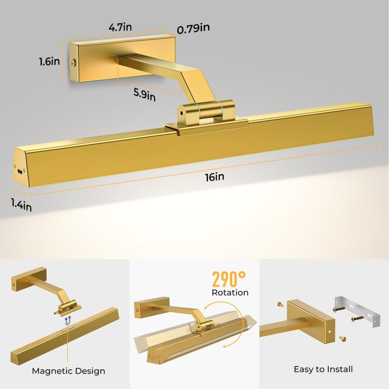 picture lights for wall, battery operated picture light 16in gallery light for paintings cct dimmable gold Gold LED picture light with dimensions shown