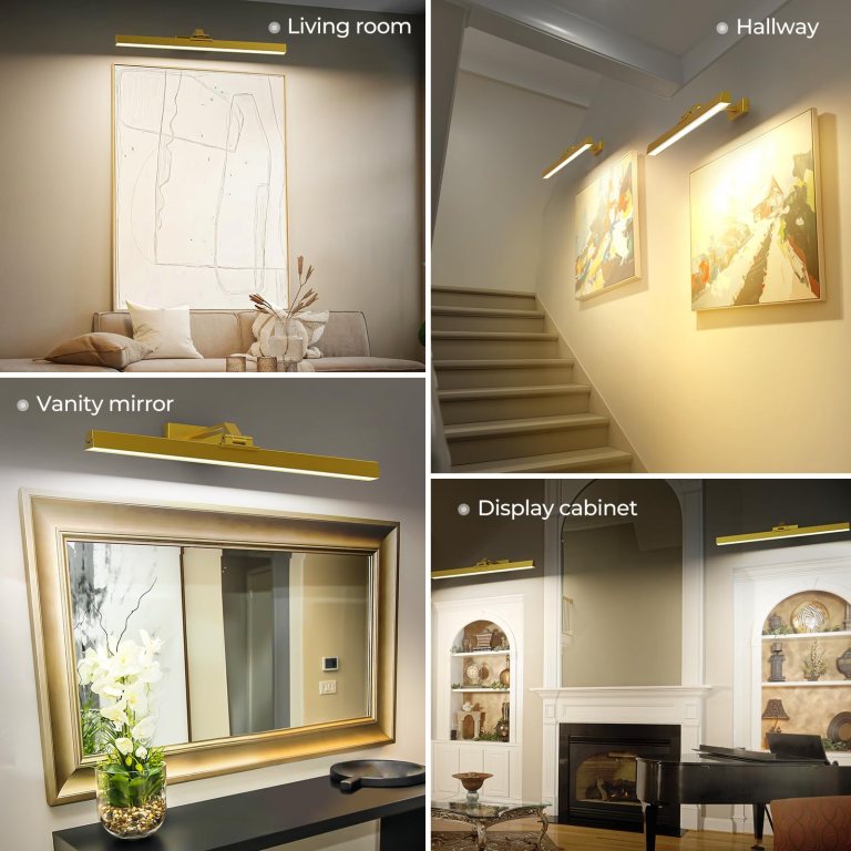 Gold picture lights illuminating artwork and interiors