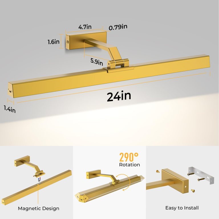Gold 24-inch wall-mounted picture light with dimensions
