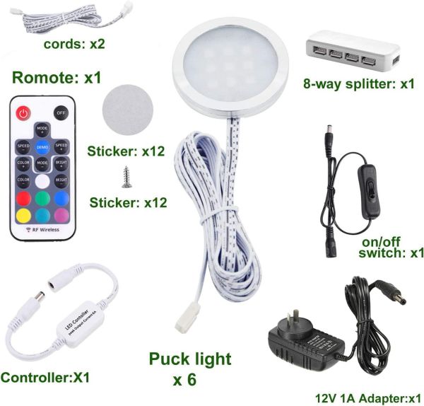 rgb color changing led under cabinet lighting kit,aluminum slim cabinet led puck lights for kitchen counter wardrobe counter furniture shelf ambiance christmas xmas decoration lighting LED puck light kit with accessories and remote