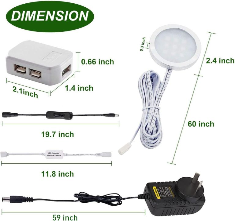LED light kit components with dimensions labelled