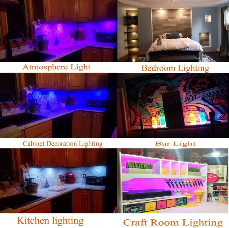 Colourful LED lighting examples across home interiors