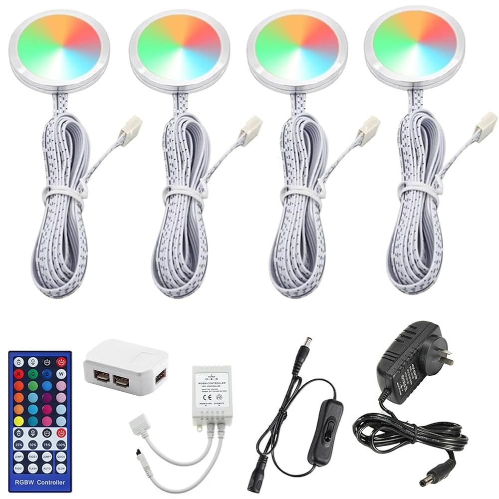 Four RGB LED puck lights with remote