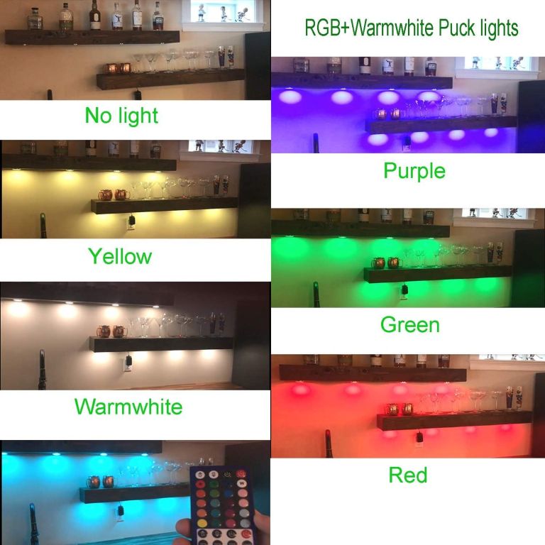 rgbww rgb + warm white color changing christmas xmas under cabinet led lights kit ir remote puck lights for kitchen counter shelf furniture ambiance lighting (rgbww, 4 lights, 12w) RGB puck lights illuminating floating shelves in colours