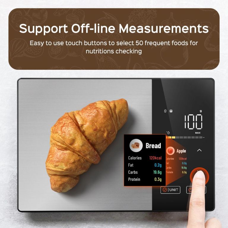 smart digital food kitchen scale with nutritional calculator, on screen nutrient info, free app for calorie & macro tracking, ai scan, personal goals, for weight loss and keto, 11lb/5kg Smart kitchen scale weighing croissant with nutrition display