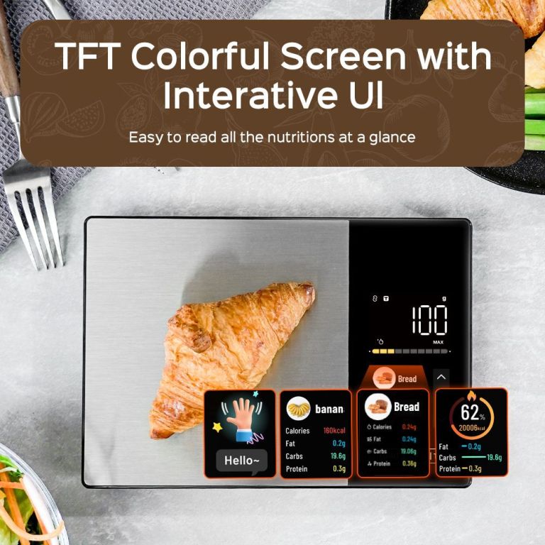 smart digital food kitchen scale with nutritional calculator, on screen nutrient info, free app for calorie & macro tracking, ai scan, personal goals, for weight loss and keto, 11lb/5kg Croissant on digital kitchen scale with nutrition display