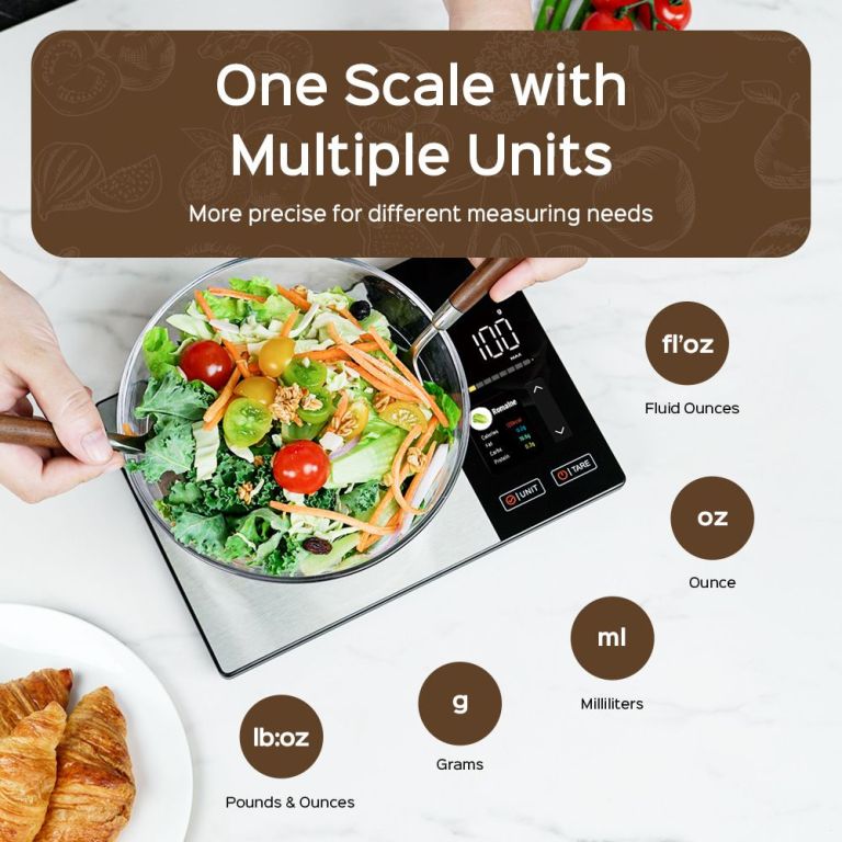 smart digital food kitchen scale with nutritional calculator, on screen nutrient info, free app for calorie & macro tracking, ai scan, personal goals, for weight loss and keto, 11lb/5kg Digital kitchen scale weighing fresh salad bowl