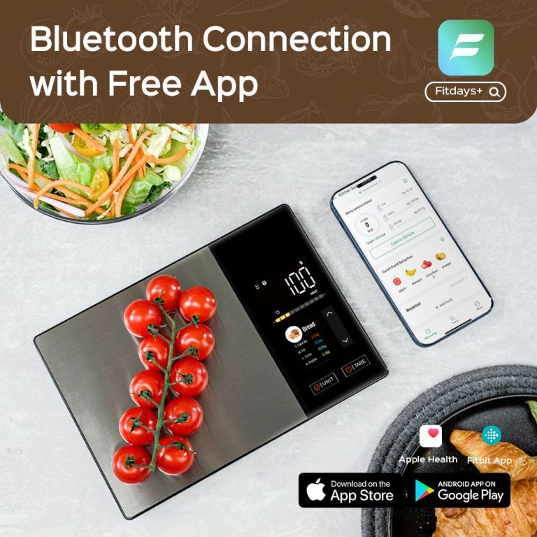 smart digital food kitchen scale with nutritional calculator, on screen nutrient info, free app for calorie & macro tracking, ai scan, personal goals, for weight loss and keto, 11lb/5kg Smart kitchen scales with Bluetooth app connectivity