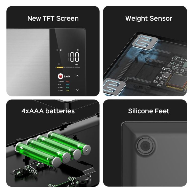 smart digital food kitchen scale with nutritional calculator, on screen nutrient info, free app for calorie & macro tracking, ai scan, personal goals, for weight loss and keto, 11lb/5kg Digital kitchen scale features and components overview