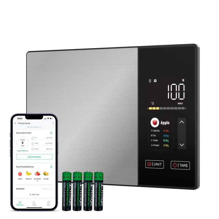 smart digital food kitchen scale with nutritional calculator, on screen nutrient info, free app for calorie & macro tracking, ai scan, personal goals, for weight loss and keto, 11lb/5kg Smart digital kitchen scale with nutrition display and app