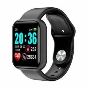 Black smartwatch displaying time and fitness stats