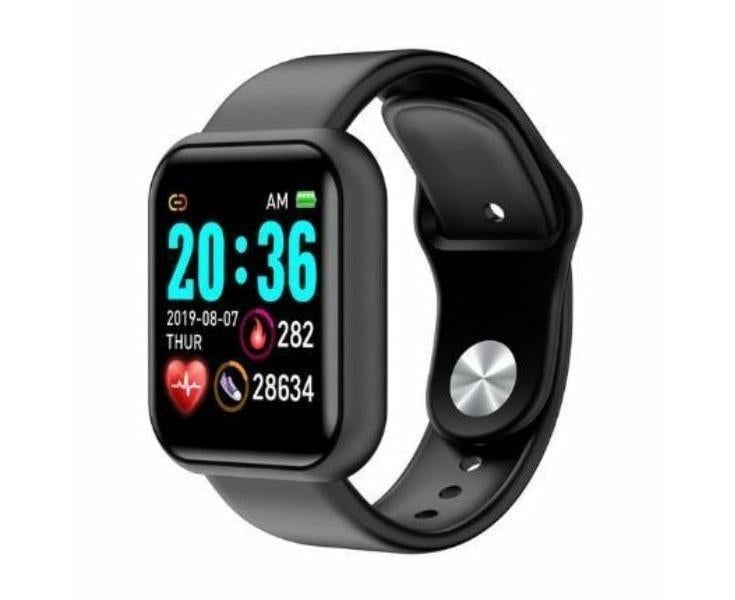 Black smartwatch displaying time and fitness stats