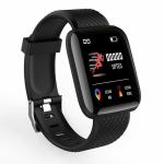 Black fitness smartwatch displaying steps and calories