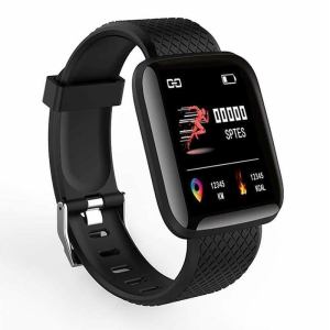 Black fitness smartwatch displaying steps and calories